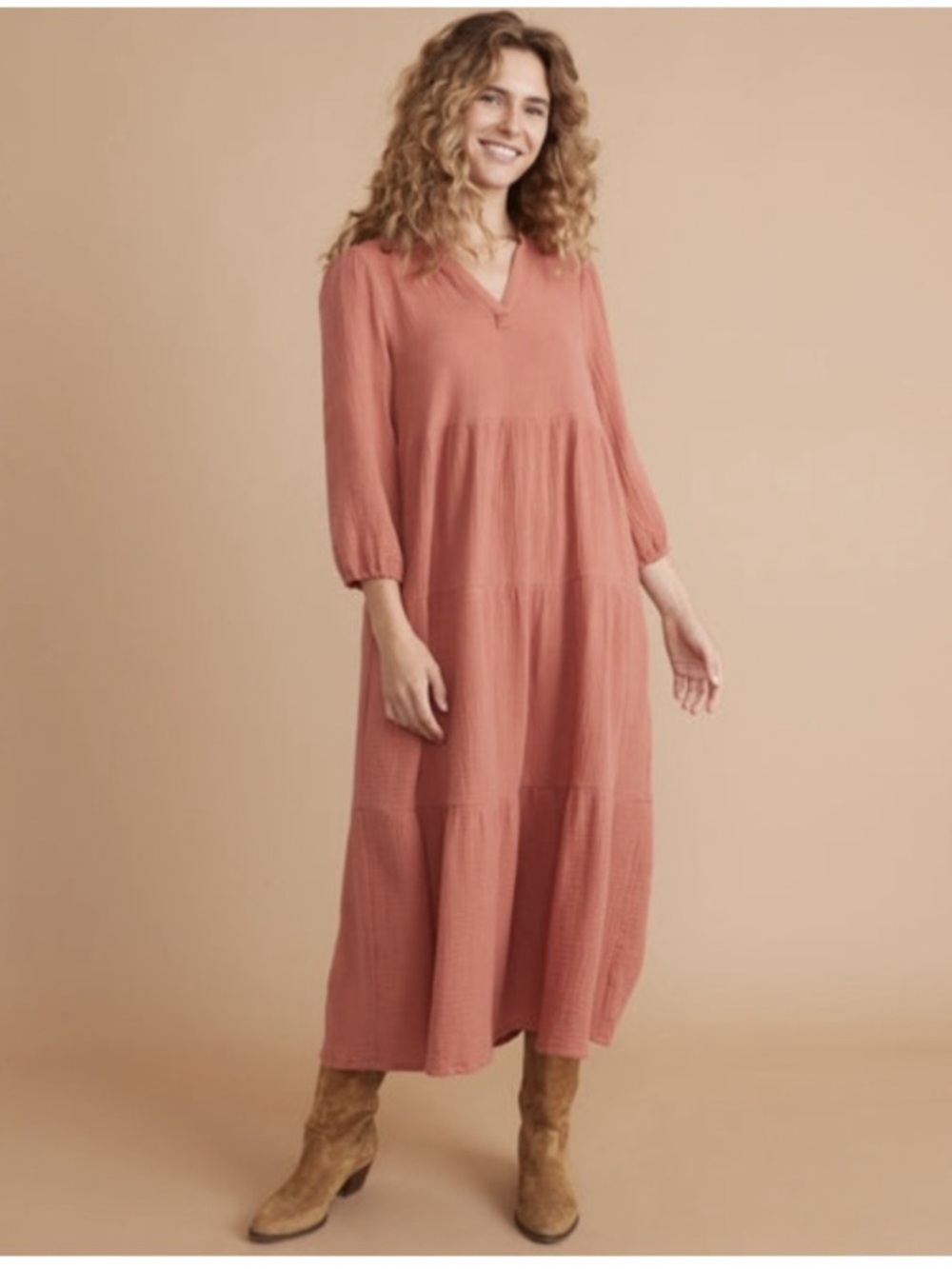 Marine Layer XS Terracotta Double Gauze Tiered Midi Maxi Dress Puff Sleeve